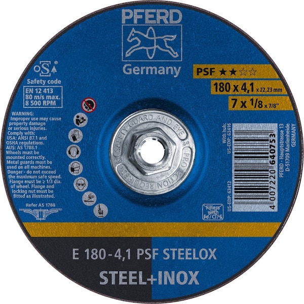 Pferd 63416 7in x 1/8in Pipeline Wheel, 5/8-11 Thd. 4.1mm, A 24 M PSF-INOX-PIPE, Type 27 63416-PFERD - main